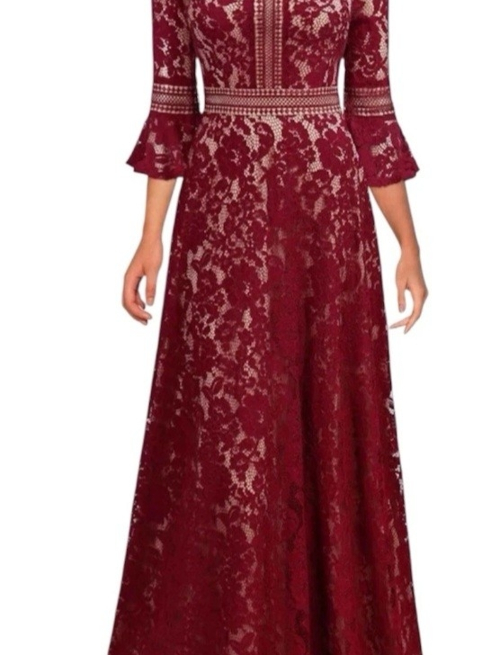 Elegant Burgundy Lace Maxi Dress with Fluted Sleeves